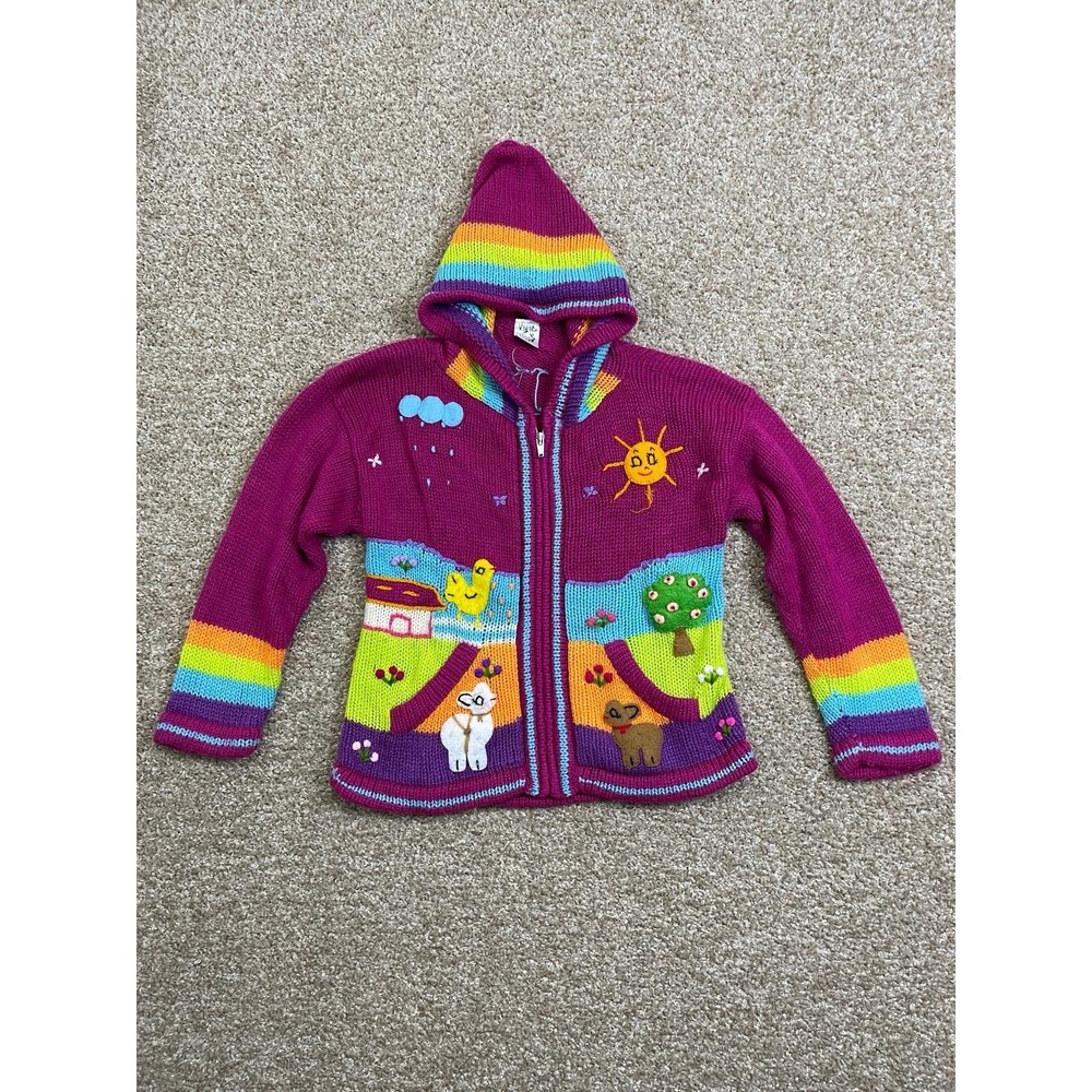Vintage Grupo Colquetex Rainbow Knitted Patched Hooded Zip Up Sweater Sz 4 Girls